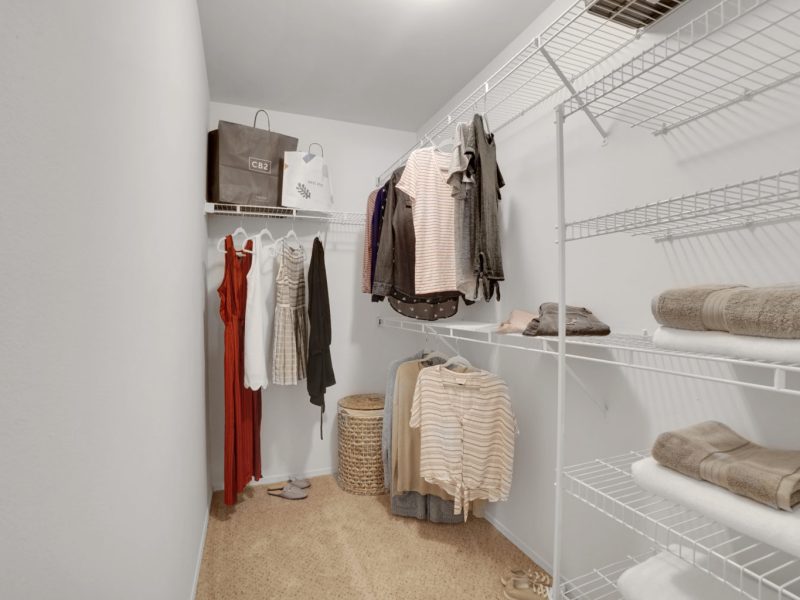 This image shows a spacious modern oversized closet with built-in organizers.